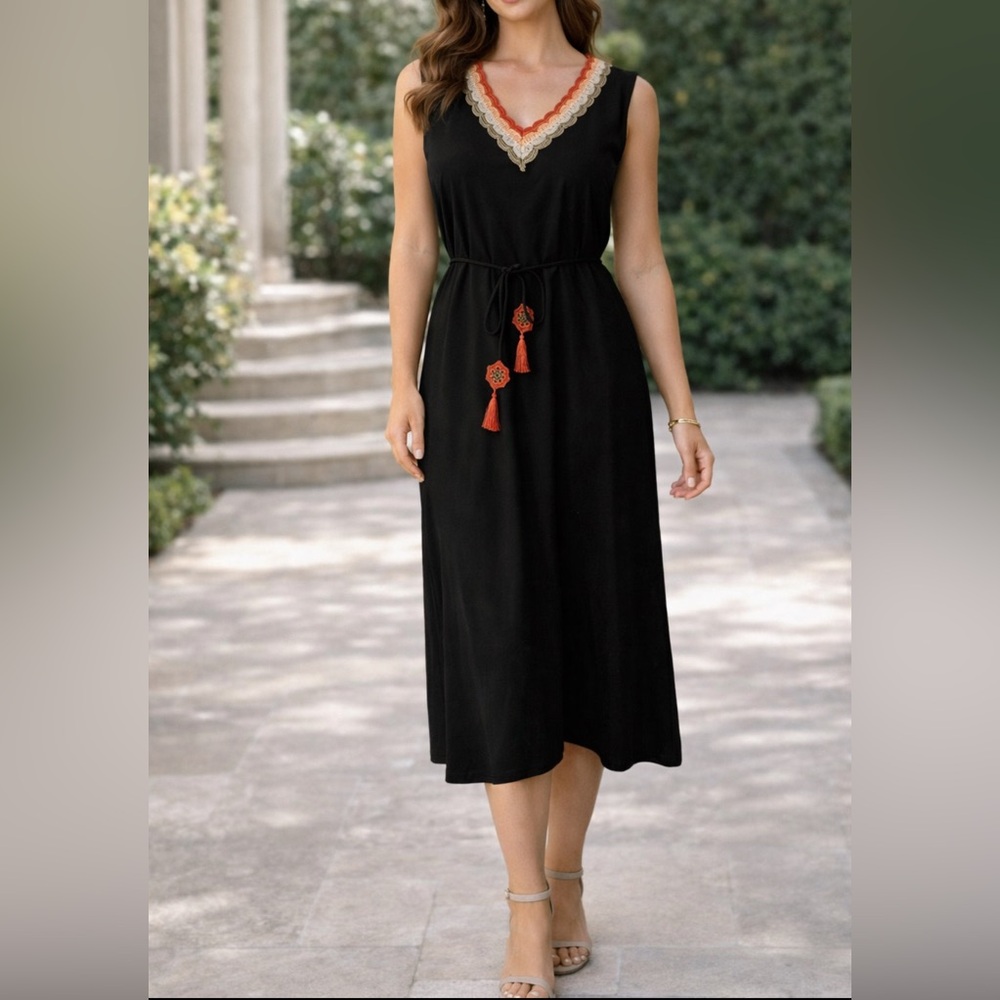 Chicos Midi Dress 3 XL Navy Crochet Tassel Tie Belt Stretch Casual Washable